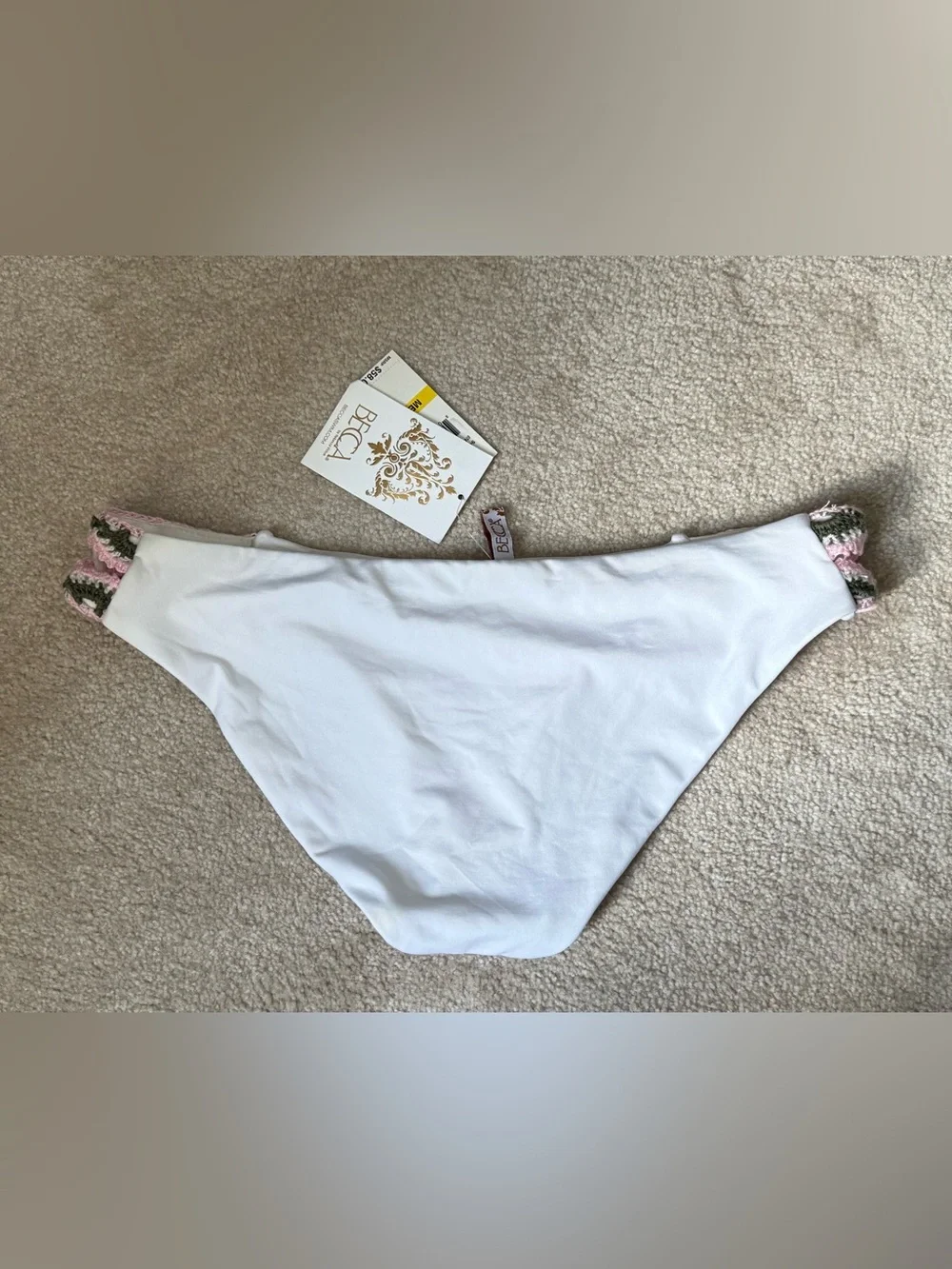 BECCA White Bikini Bottom with Pink & Green Crochet Waistband